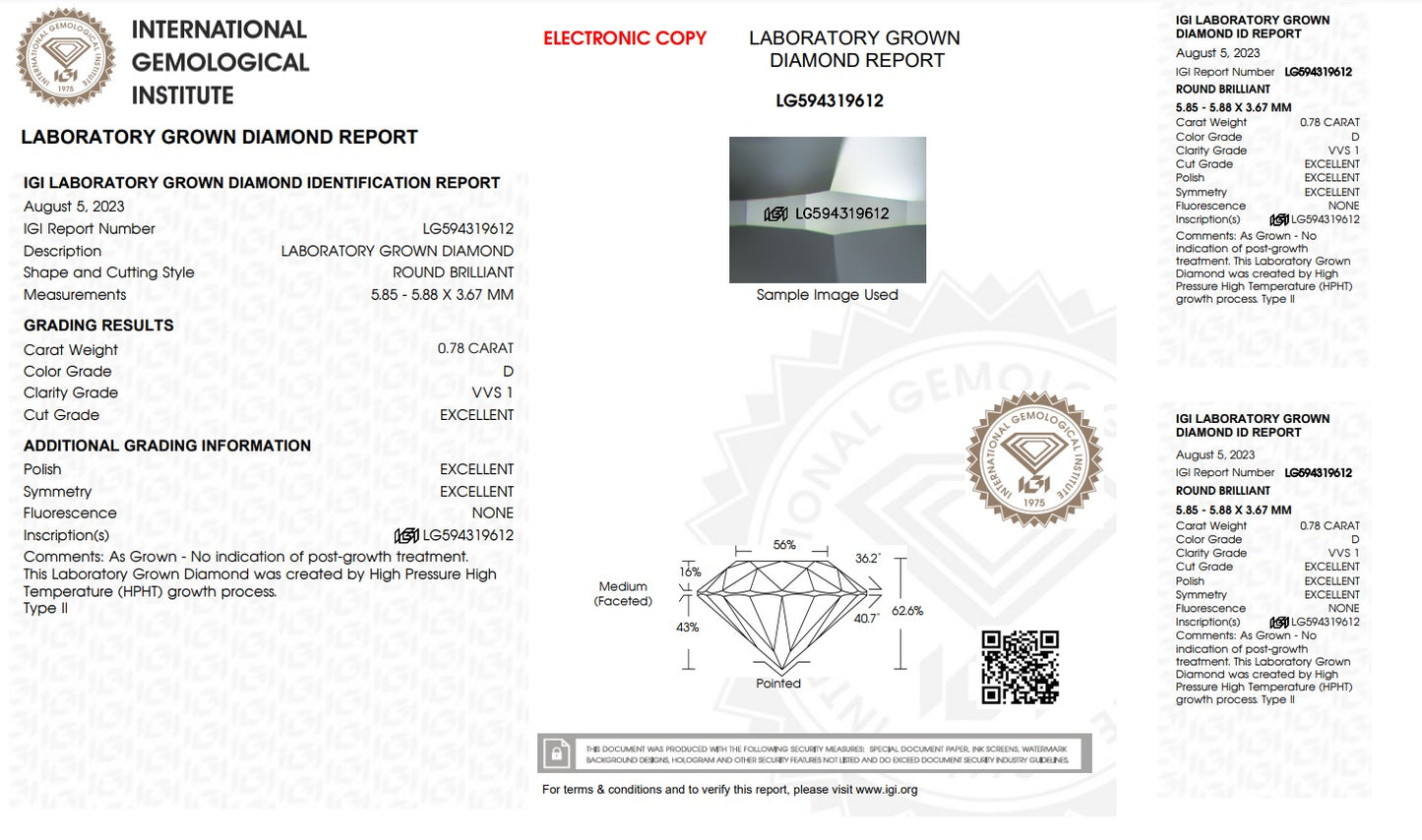 Lab Grown Diamond IGI 0.78ct - VVS1 / D / 3 Excellent